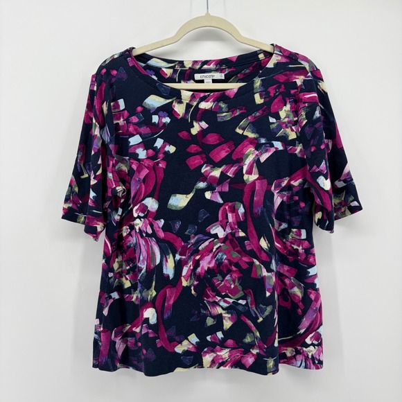 Chico's Tops - Chicos Womens Size L Navy Magenta Pima Cotton Abstract Floral Short Sleeve Top